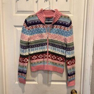 So Fair Isle Cardigan Ski Sweater Large Juniors Zip Front‎ Pink Colorful Y2k